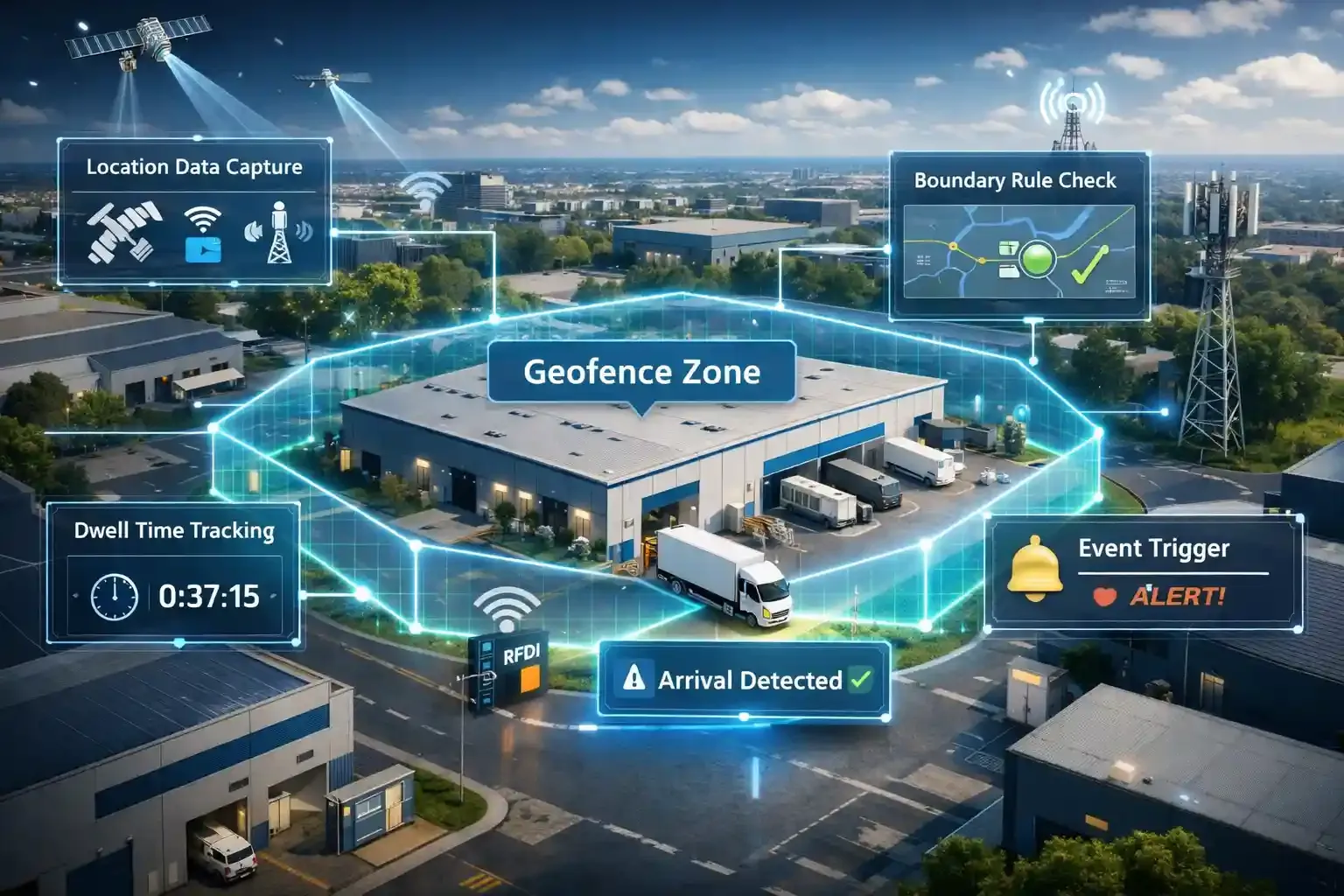 Geofencing logistics system showing warehouse boundary and truck arrival alert